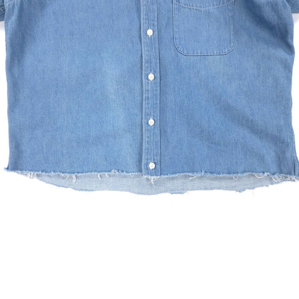 UNIQLO Raw Hem Denim Boyfriend Shirt Button Down Minimal Western Boho Casual Y2k - Picture 5 of 6